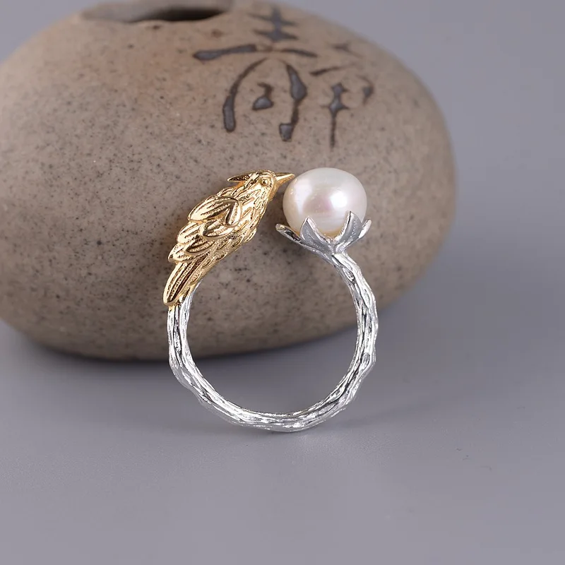 

FNJ 925 Silver Rings Bird Adjustable Size 100% Original S925 Solid Silver Ring for Women Jewelry Fine Natural Freshwater Pearl