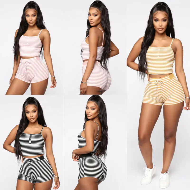 Женский укороченный топ в полоску без рукавов + шорты пляжный костюм с эластичной
