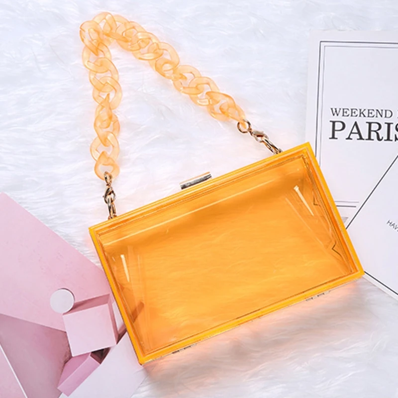 

Women Clear Acrylic Box Clutch Crossbody Bag Purse for Concert with Detachable Chain Resin Short Strap