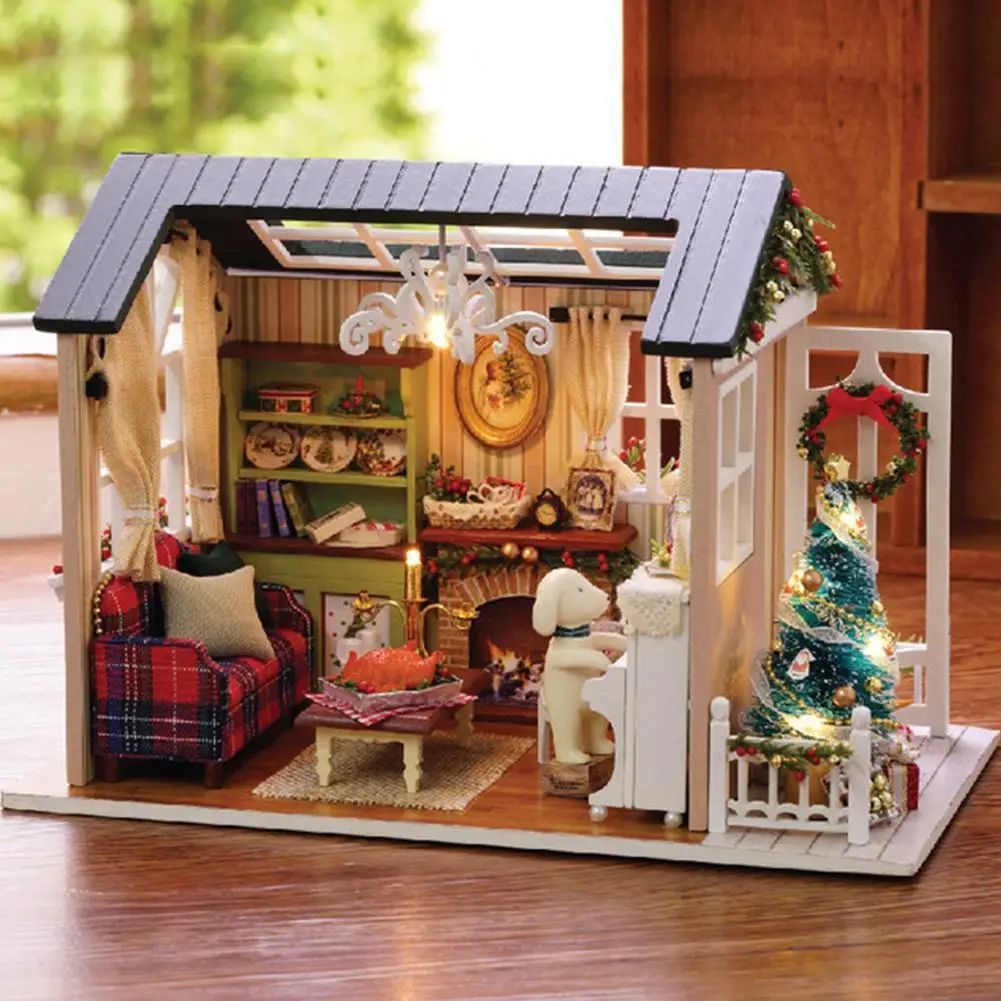 

Assemble DIY Wooden House Dollhouse Kit Wooden Miniature Doll Houses Miniature Dollhouse Toys With Furniture LED Lighting Gift