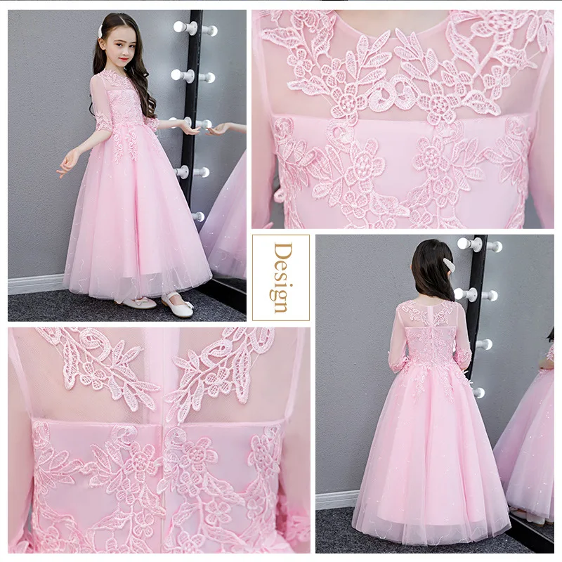 Элегантные платья принцессы для девочек Розовое фатиновое кружевное платье с