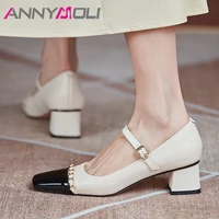 annymoli real leather med heels mary janes shoes women thick heel shoes chain square toe pumps buckle strap lady footwear beige