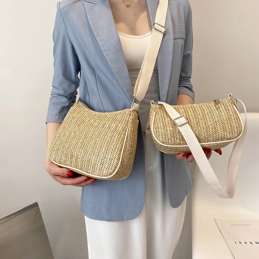

2021 Summer Straw Bag For Women Handmade Woven Rattan Small Shoulder Bag Female Half Moon Crossbody Bohemia Baguette Bags