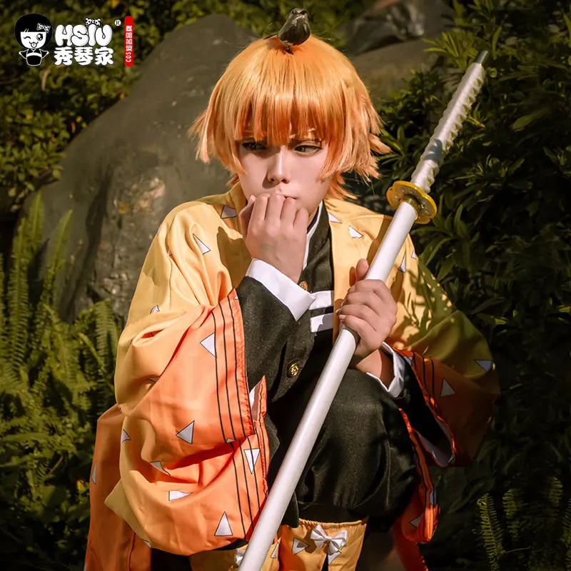 

HSIU Agatsuma Zenitsu Cosplay Costume Anime Demon Slayer Kimetsu no Yaiba Kimono Uniform Full Set