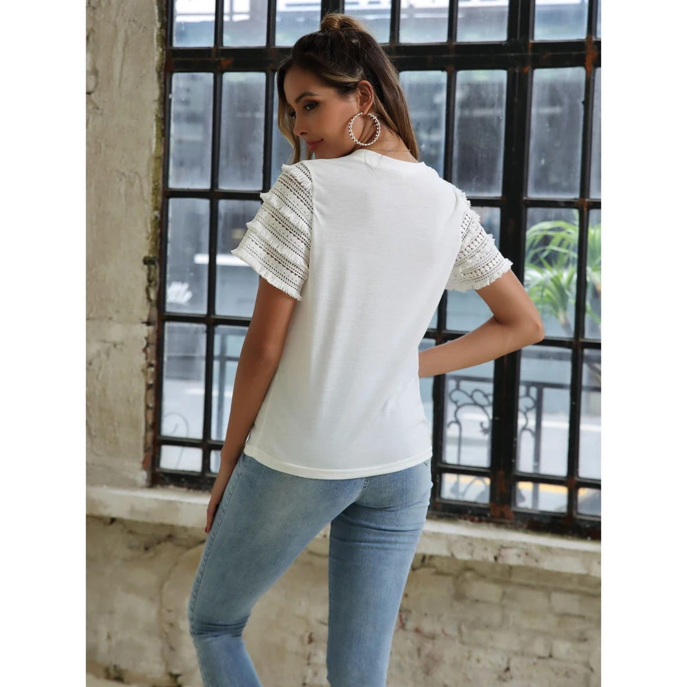 

Wholesale Custom Retail Factory Price Good Quality New Women's Fashion Hot Round Neck Spliced Lace Short Sleeve T-Shirt