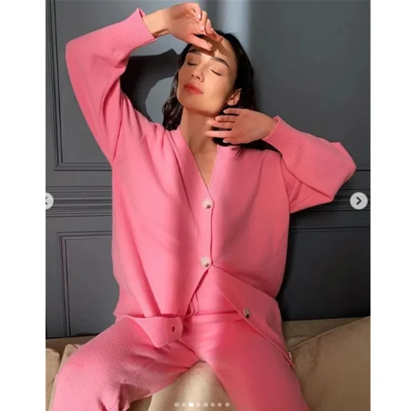 

Y2k Casual Lazy Solid Knitted Pants Set Tracksuit Women Spring New Fashion V-neck Loose Long Sleeve Pink Tracksuit 2 Piece Sets
