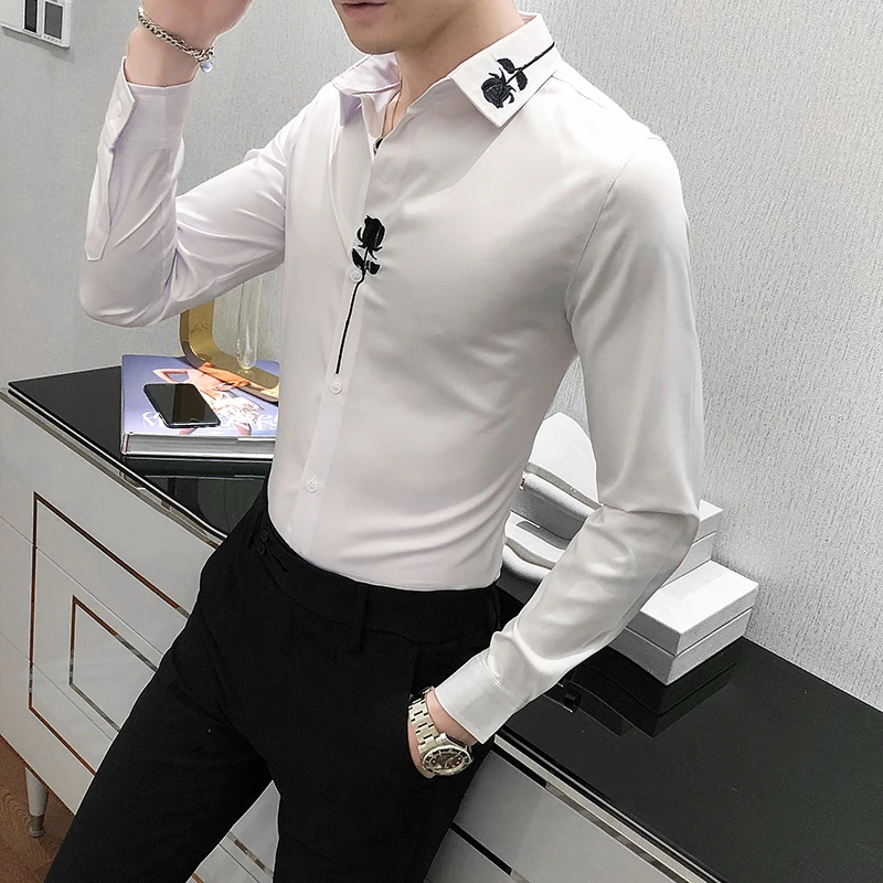 

Plus Size Shirts For Men Fashion Men Clothes 2021 Streetwear Flower Embroidery Long Sleeve Shirt Men All Match Blouse Homme 4XL