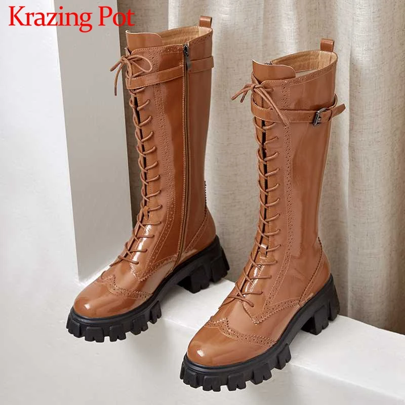 Harga Krazing Pot Kulit Asli Tebal Bawah Inggris Renda Bulat Toe High Heels Sabuk Tali Gesper Musim Dingin Hangat Lutut Tinggi Sepatu L76