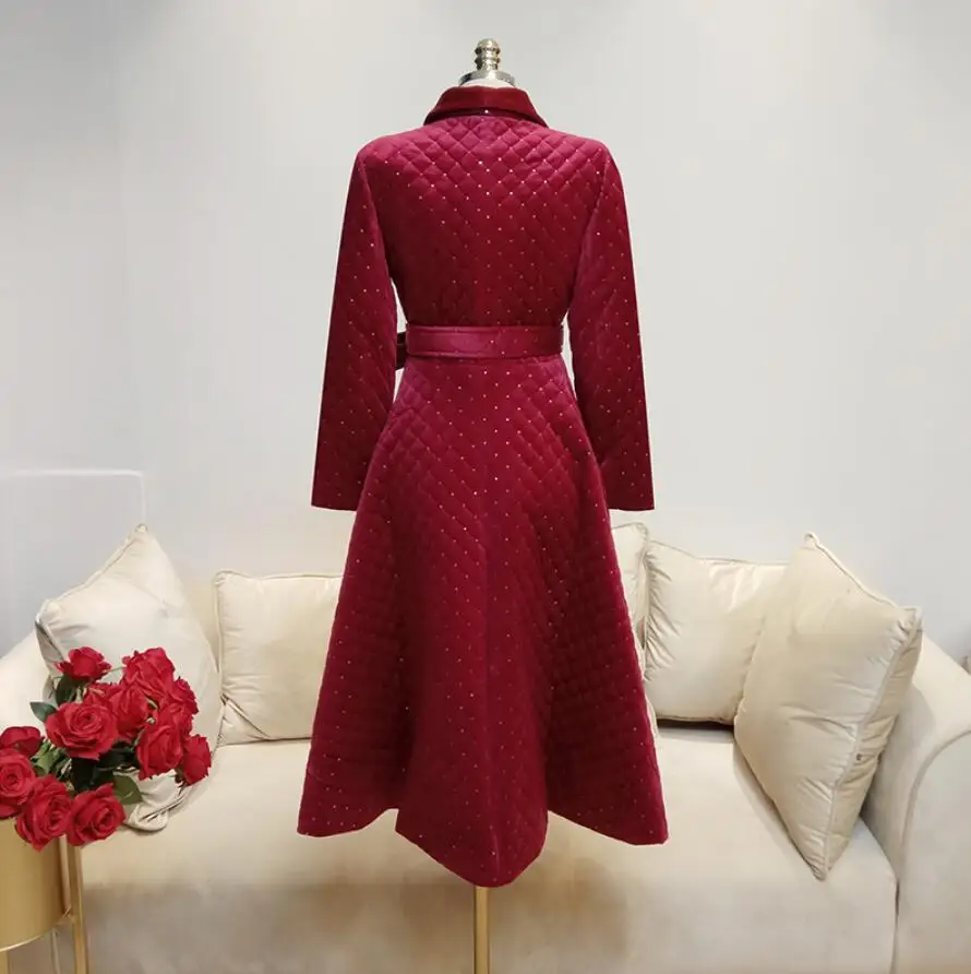 

New Winter Women Fashion diamond Long Cotton Padded Coat Office Lady Slim Work Thick Warm Velvet Parkas with belt s326