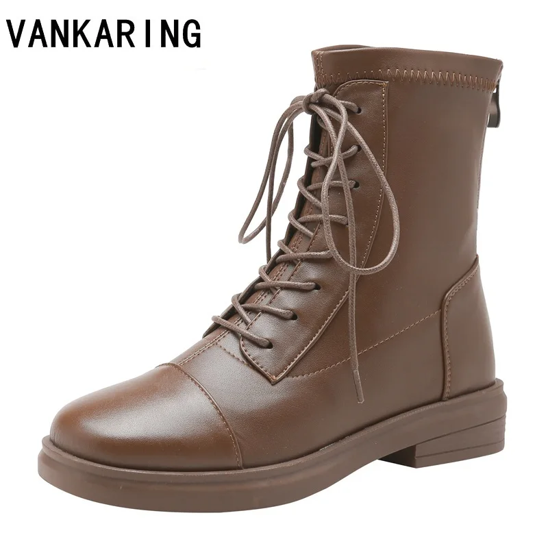 

brand classic design lace-up autumn winter boots elastic microfiber+leather shoes woman ankle boots thick heels black boots