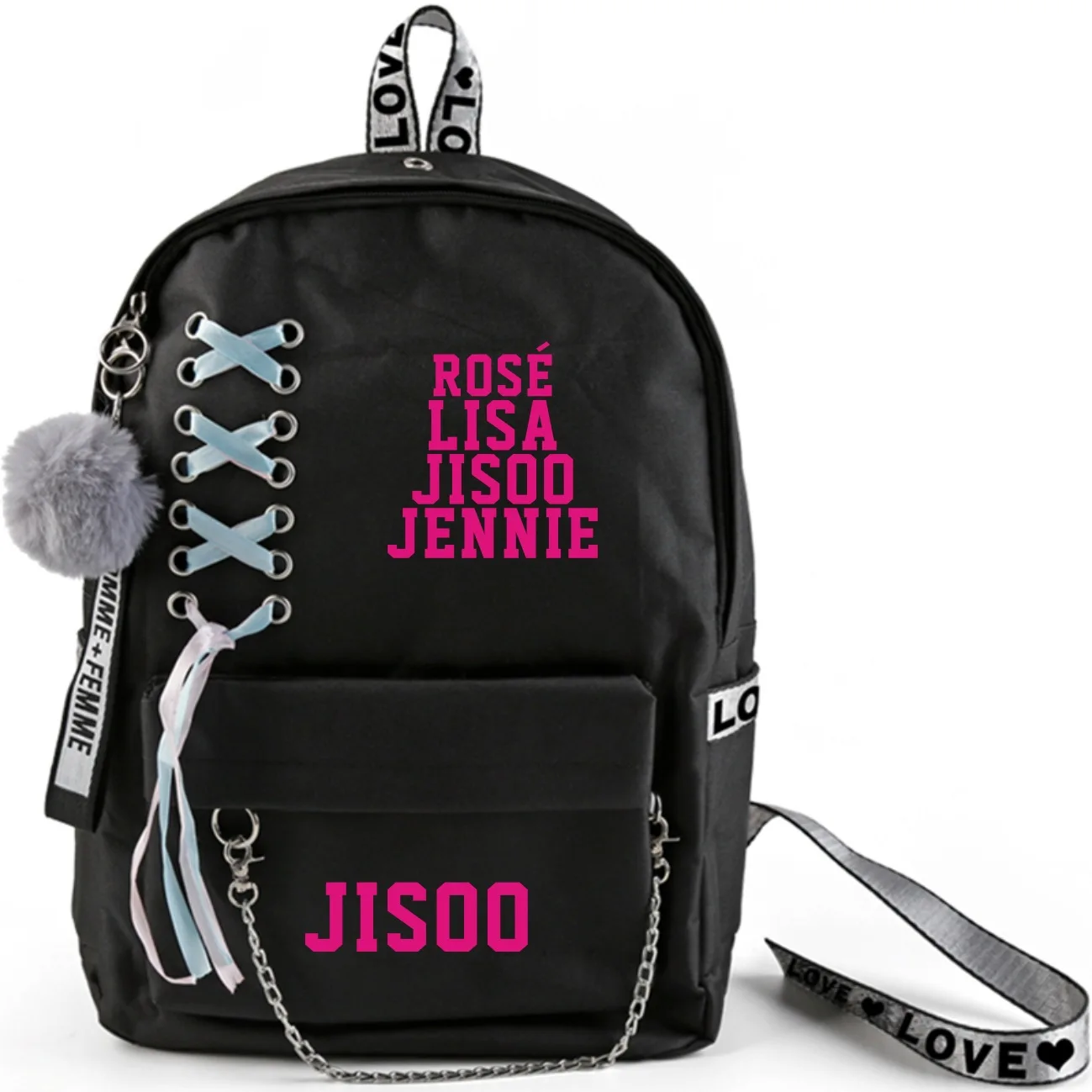 JISOO-1 Kpop Черный розовый рюкзак большой емкости школьная сумка с перекрещенной лентой плюшевый шар кулон Travel JENNIE JISOO Лиза Роза дорожная сумка - Цвет: JISOO-1