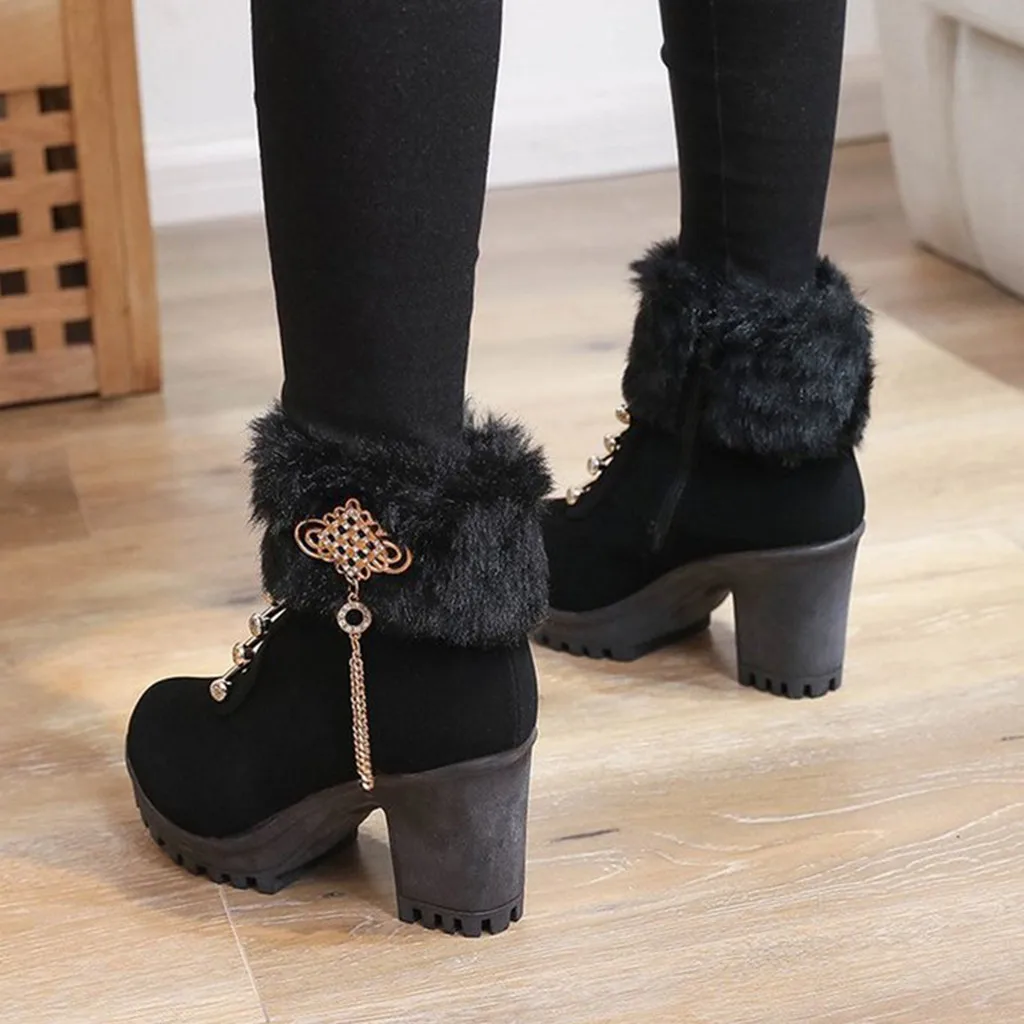 Модные теплые ботильоны на высоком каблуке однотонные коричневые ботинки молнии