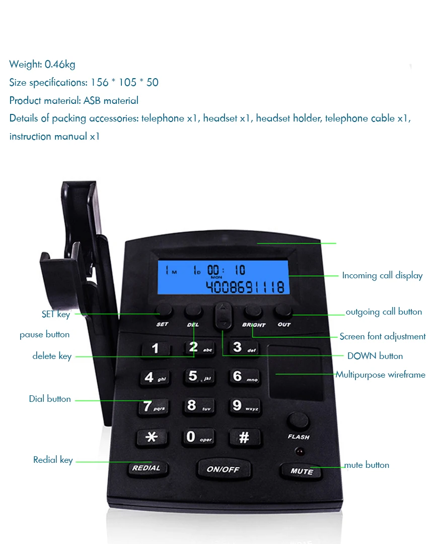Проводной телефонный колл-центр Dialpad гарнитура телефон с FSK и DTMF АОН и повторный набор номера, регулируемая ЖК-яркость и громкость