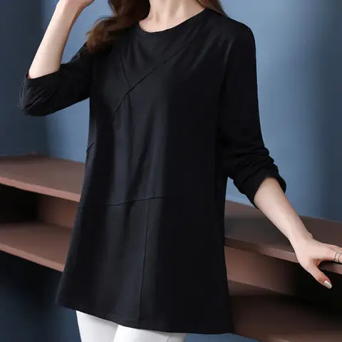 

2022 Spring Autumn Middle Aaged Women Elegant Cotton Solid Fashion Causal Blouse Shirt Female Loose O-Neck Elastic Pullover Q21