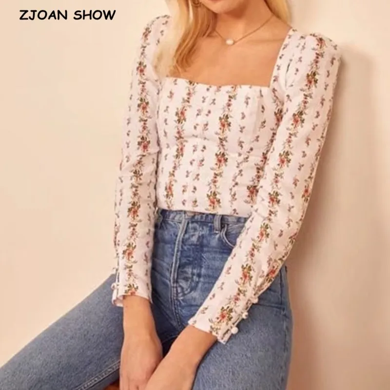 

2020 Retro Striped Floral Print French Long Sleeve Shirt Women Square Collar Back Elastic Ruched Short Blouse Long sleeve Tops