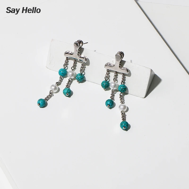 Стильные бирюзовые висячие серьги SAY HELLO в стиле бохо с кисточками для женщин