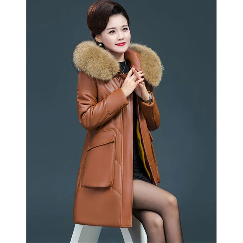 Middle aged Women's Leather Jacket Winter New Velvet Thicken Warm PU Leather Coat Female Long Outerwear High End 6XL A441