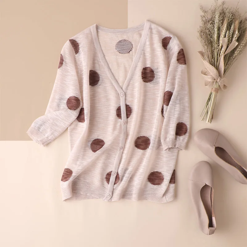 

SHUCHAN Thin Summer Knitted Cardigan Women Single Breasted Dot Half Sleeve Vintage V-Neck 75% Linen+10% Cotton