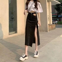 black blue side split long denim skirt 2021 korean fashion high waist midi skirts women all match jean skirt style saia jeans