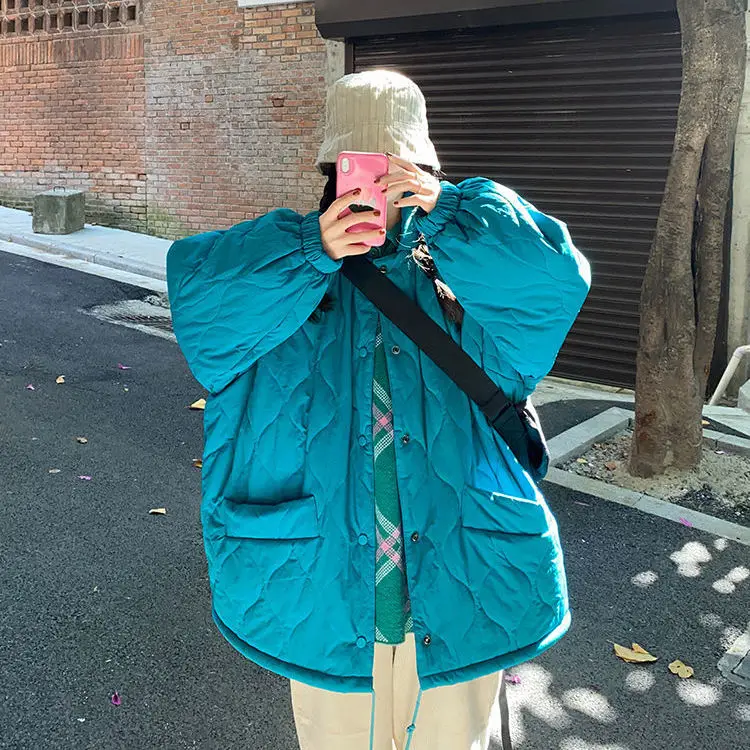 Lingge Cotton Jacket Women Retro New Korean Version Loose BF Mid-length Cotton-padded Jacket Winter Tide  Down Jacket Women