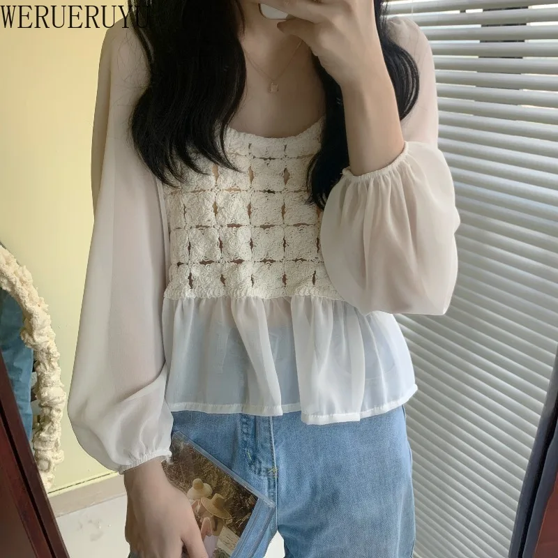 

WERUERUYU Lace Blouse White Vintage Square Neck Top Women Clothes Puff Sleeve Long Sleeve Shirt S 2020