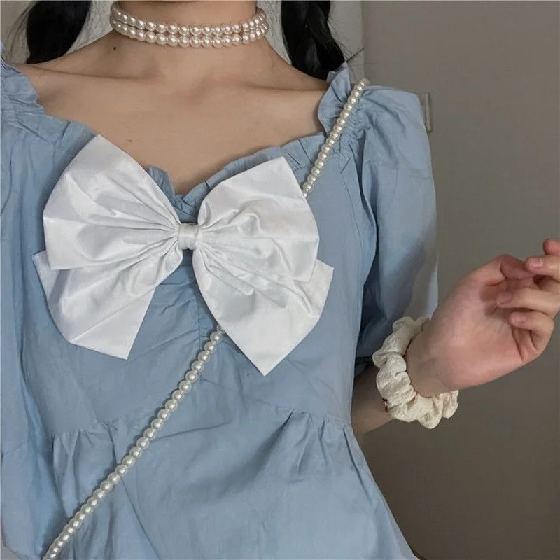 

Women Dress Summer Square Collar Loose Empire Sweet Bow Ruffles Girls Kawaii All-match Simple Fashion Ins Streetwear Ulzzang New