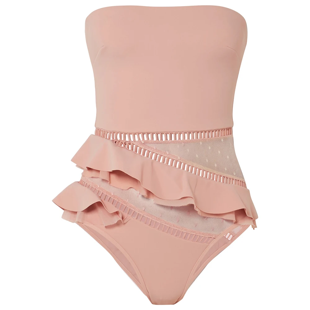 

One Piece Swimsuit 2021 Solid Black Bandeau Swimsuit Women Swimwear Shoulder Ruffle Bathing Suits Beach Wear Monokini