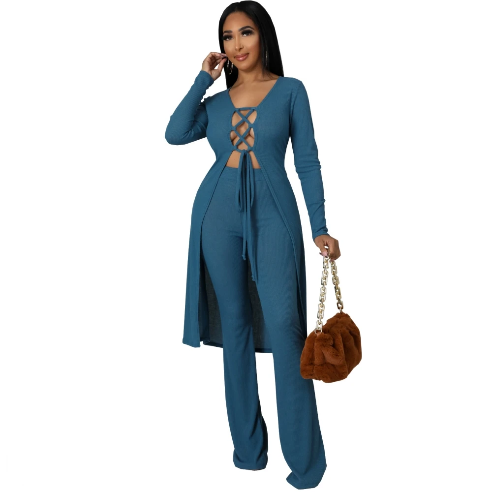 

Женский спортивный костюм, повседневный комплект из двух предметов, топ на шнуровке с длинным рукавом и облегающие брюки, свитер на весну и ...