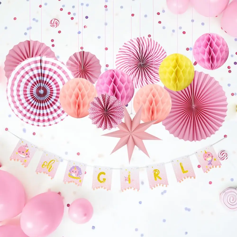 Baby Girl Shower Decorations Glitter Narwhal Gold Oh Banner Paper Fans Balls Star Lantern First Birthday Party | Дом и сад