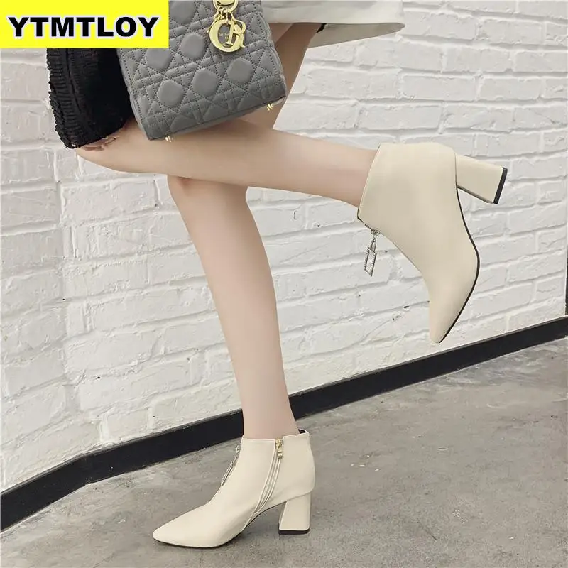 Brand Zipper Boots Woman Front Big Open Botas Mid-Calf Botines Winter Thick High Heels Patent Leather Martin Booties
