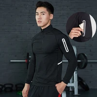 men black running shirt zipper pullover madarin collar long sleeve with pocket sportswear for gym clothing workout shirt male