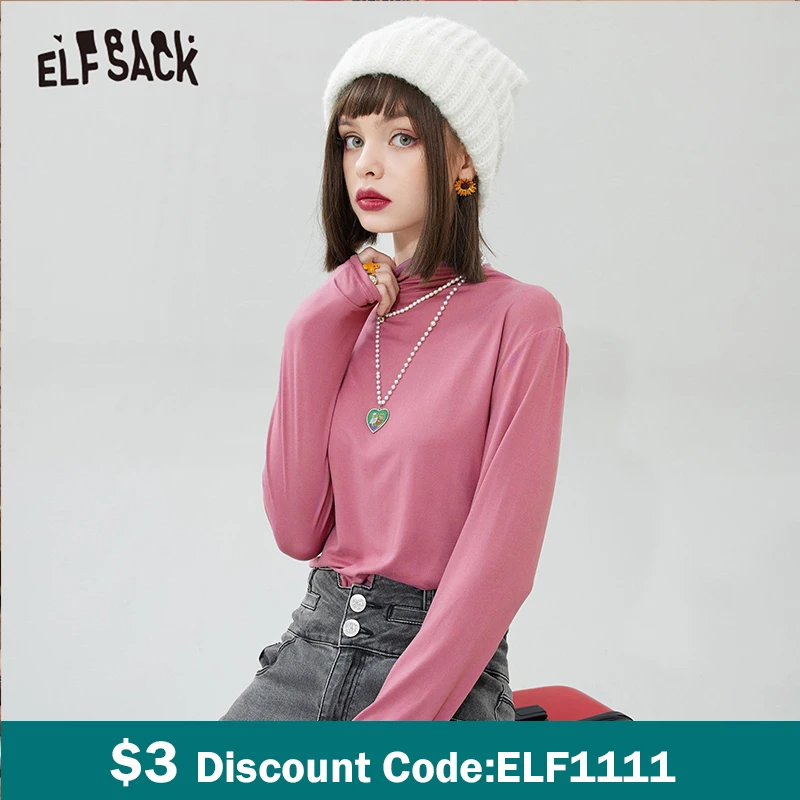 

ELFSACK Solid Pure Casual Knit Basic Women Pullover Knitwear Top,2021 Winter Vintage Minimalist Korean Daily Sweaters
