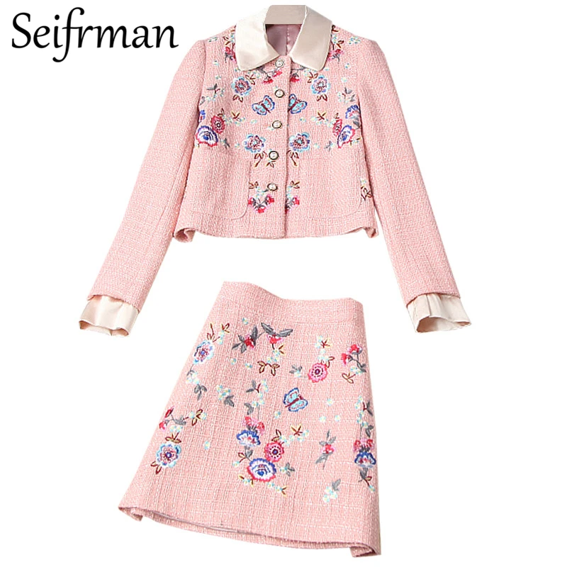 

Seifrmann Women Summer Fashion RunwaySkirt Set Long Sleeve Embroidery Loose Tops + High Waist A-Line Skirts 2 TwoPiecesSuits
