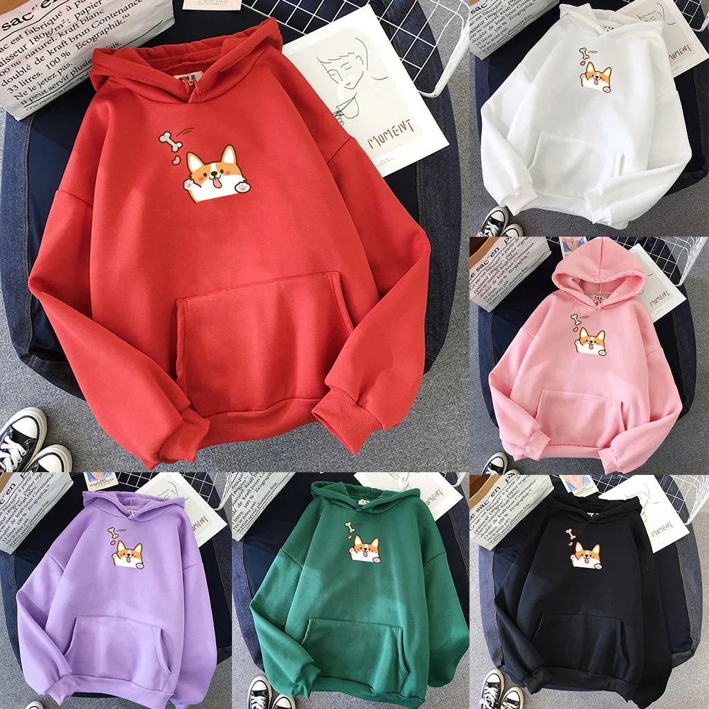 

Long-sleeved Cute Dog Cartoon Print Hooded Pocket Sweater In Winter 2021 Plus Velvet Thickening Warm Fashion Casual Pullover Top