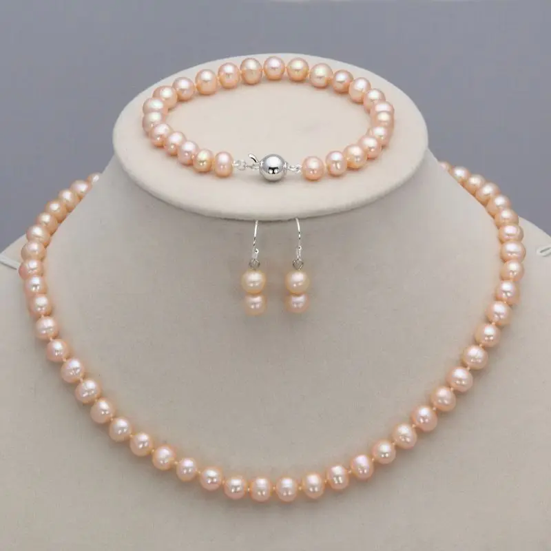 

Beautiful 7-8mm Natural Akoya Freshwater Pearl Necklace Bracelet Earrings pink