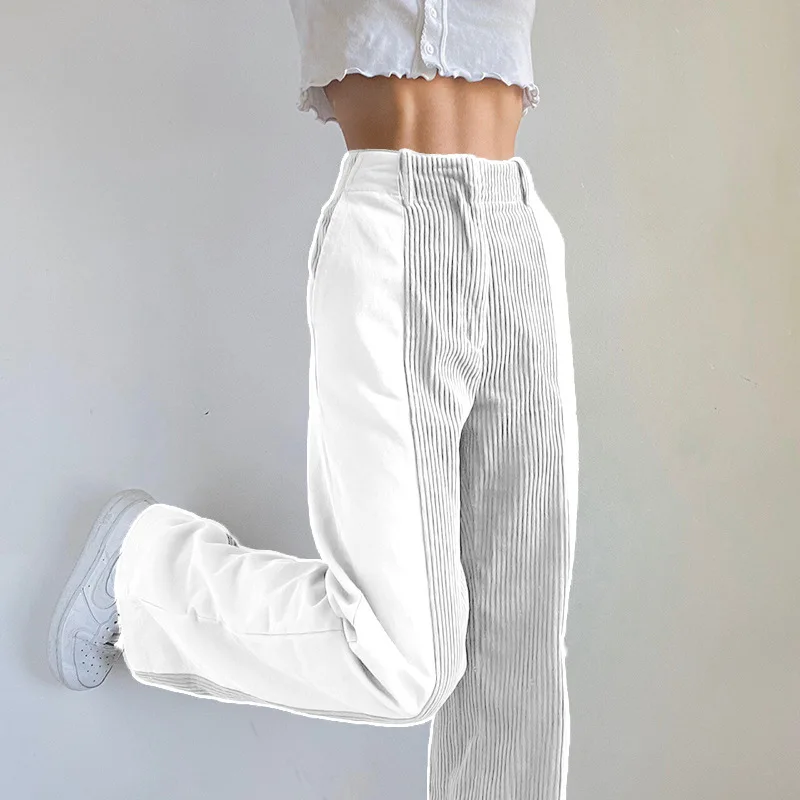 

Women's Straight Leg Pants Casual High Elastic Waist Color Block Loose Corduroy Pants 2021 New Fall Winter 3 Colors