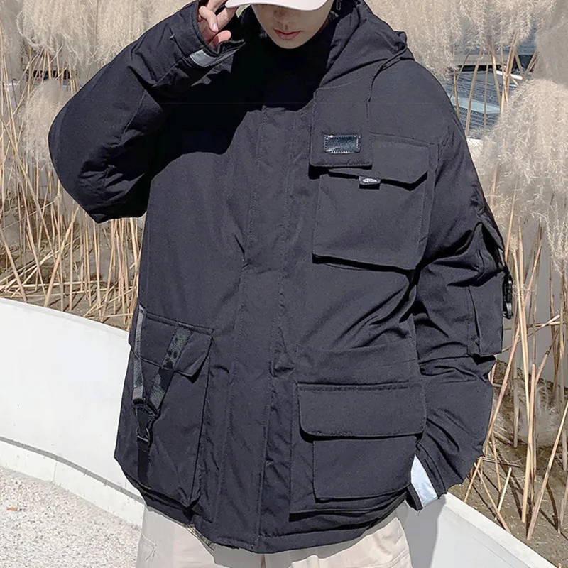 Winter Short Coat Men Warm Thick Parka Men Fashion Reflective Strip Hooded Coat Man Streetwear Loose Tooling Jacket Male Clothes