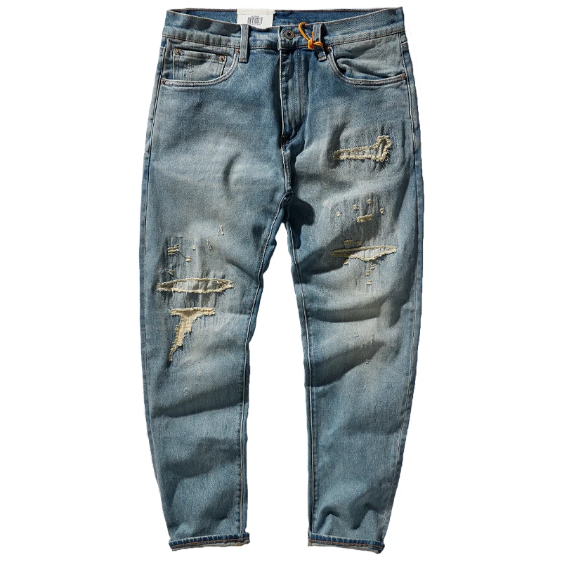 Autumn and Winter Thick Stretch Jeans Men 's Cloth Patch Nostalgic Straight -Leg Denim Trousers