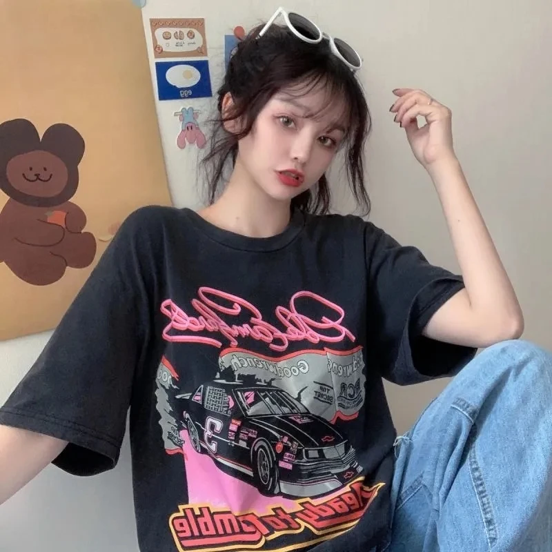 

Cotton summer short-sleeved women's t-shirt loose cartoon print top clothes vintage black punk park y2k size dropshipping key
