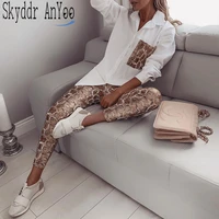 fashion fall women two piece matching sets snake contrast pocket blouses tops and elastic waist long pants sets woman clothes