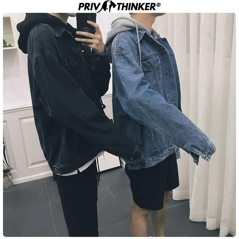 Мужские свободные джинсовые куртки Privathinker Корейская верхняя одежда с капюшоном