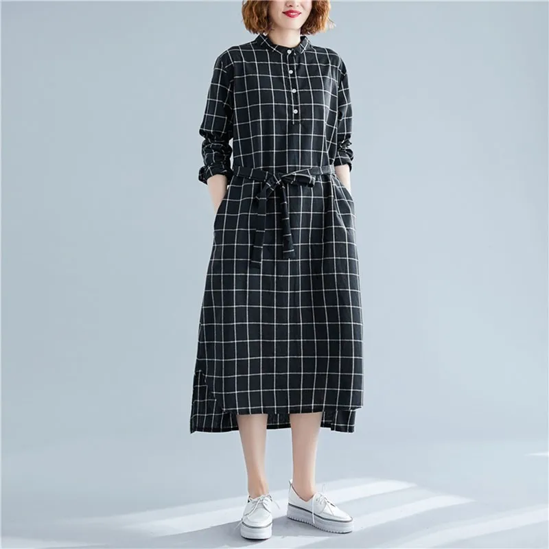 

Women Loose Casual Shirt Dress New Arrival 2021 Spring Korean Simple Style Vintage Plaid Cotton Linen Female Long Dresses S2839