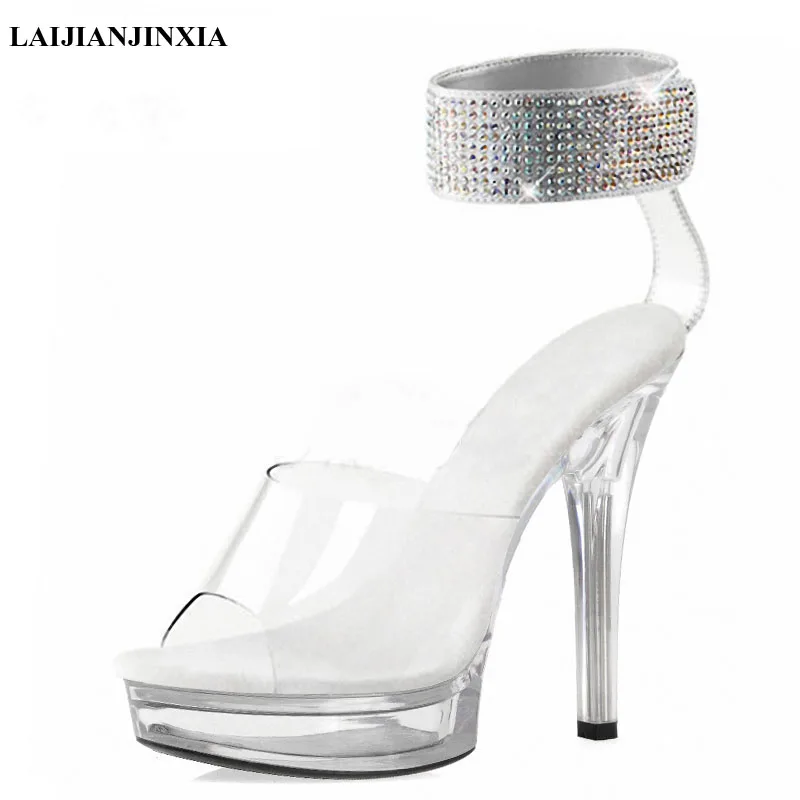 New Clear Crystal 13CM High heeled shoes Glitter Rhinestone Hook loop 5 inches Open Toe Sexy Fetish Novelty Elegant Dance Shoes