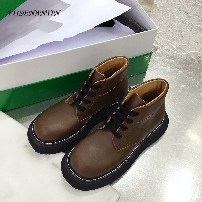 

Женские ботильоны на шнуровке, демисезонные небольшие кожаные ботинки в британском стиле на платформе