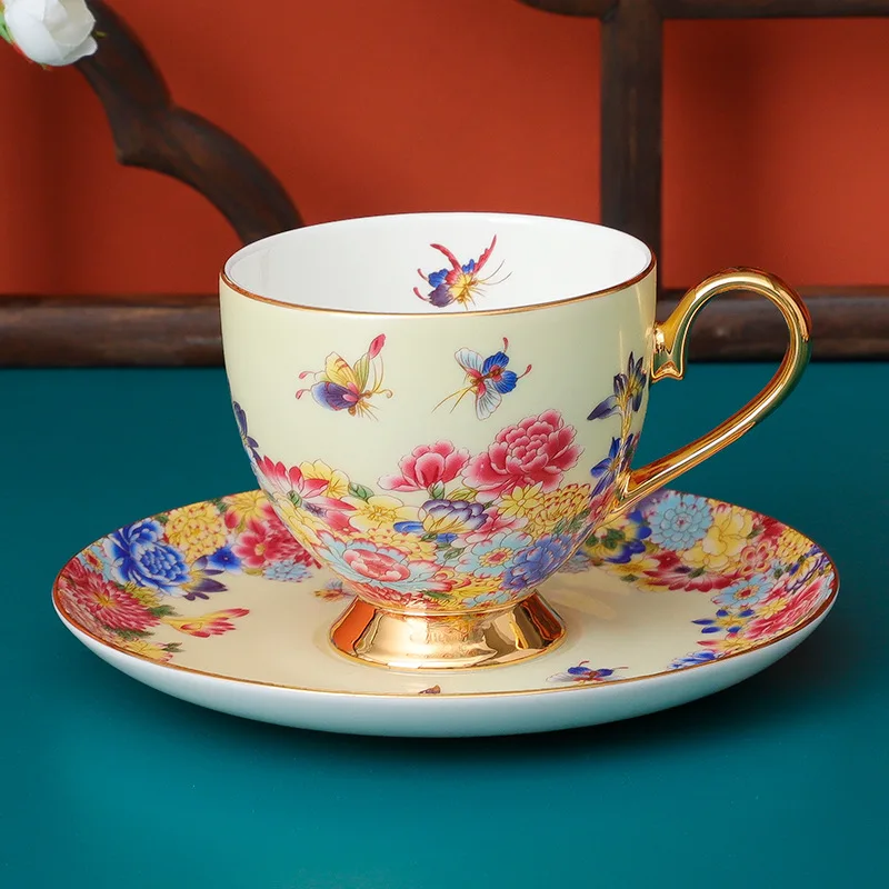 

Light luxury European style gold ceramic coffee cup and saucer set bone china painted with spoon afternoon tea tea set