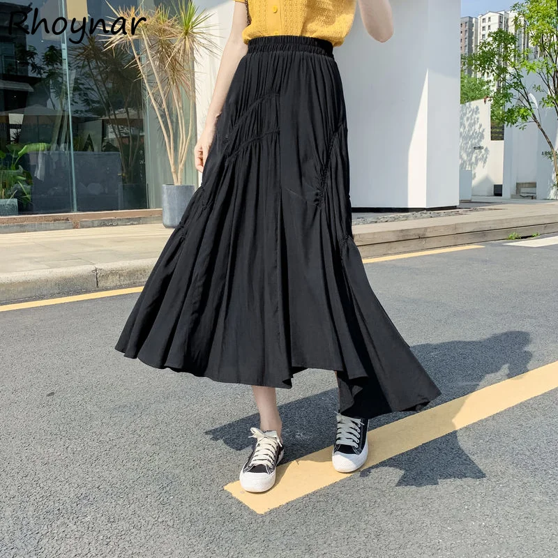 

Skirts Women Mid-calf Thin Soft Folds Design Summer A-line All Match Street Casual Popular Solid Basic Female Tender Daily Chic