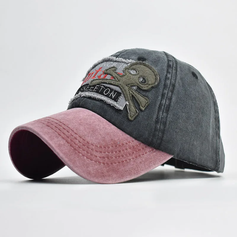Новый стиль череп шляпа Потертая джинсовая ткань старый бейсболка с буквами для