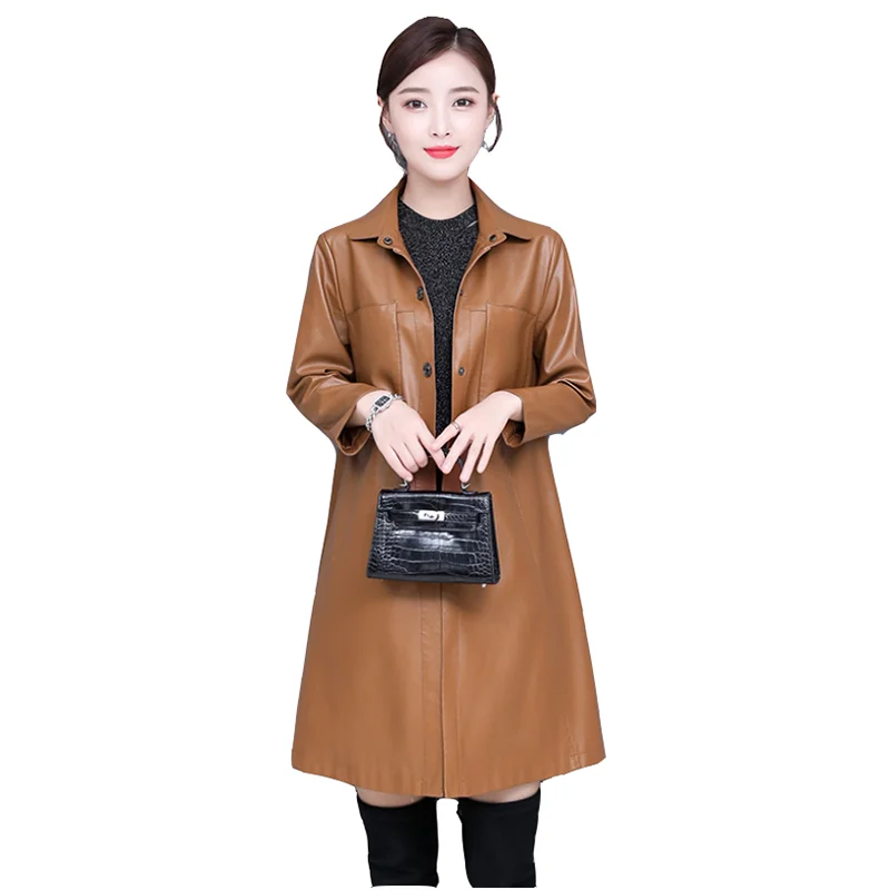 Autumn Winter 2022 Women Bomber Leather Coat Fashion Medium-Long Korean Loose Streetwear Outerwear Sheepskin Windbreaker Jacket