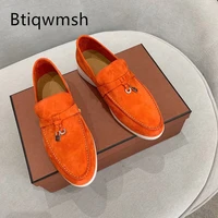 metal lock loafer shoes woman round toe orange green soft real suede flat shoes female comfortable oxford shoes