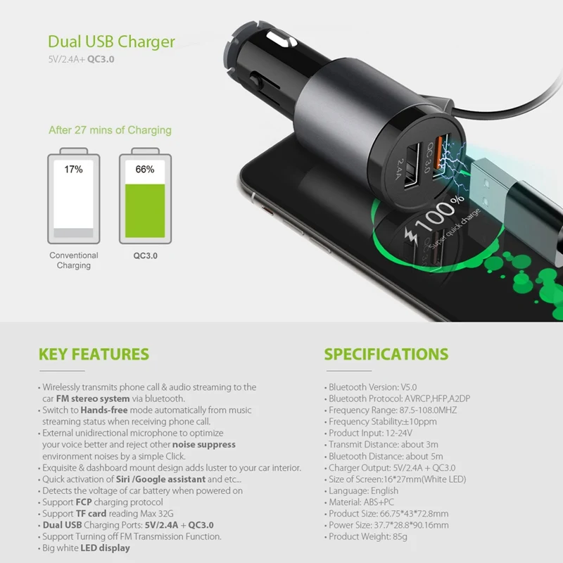 

Car Bluetooth hands-free call transmitter QC3.0 fast charging port